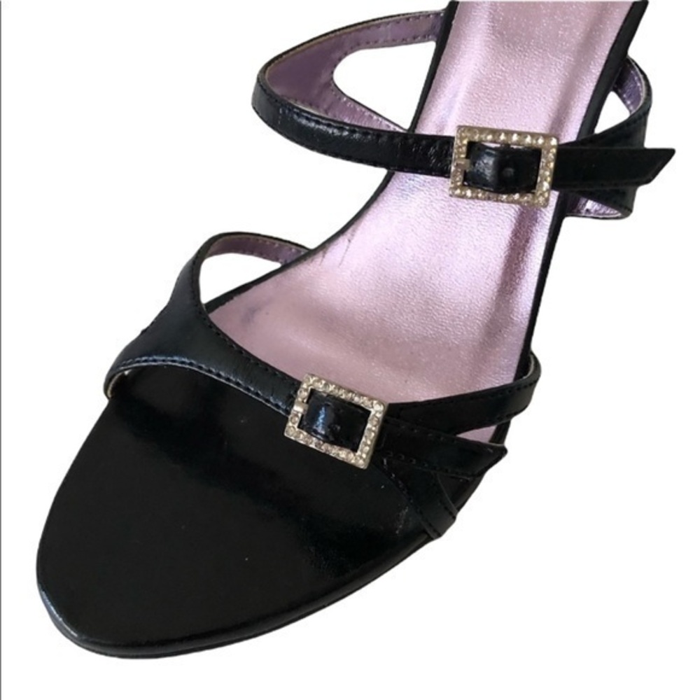Michael Antonio Black Patent Heeled Sandals Rhinestone Buckle Silver Heel Size 8